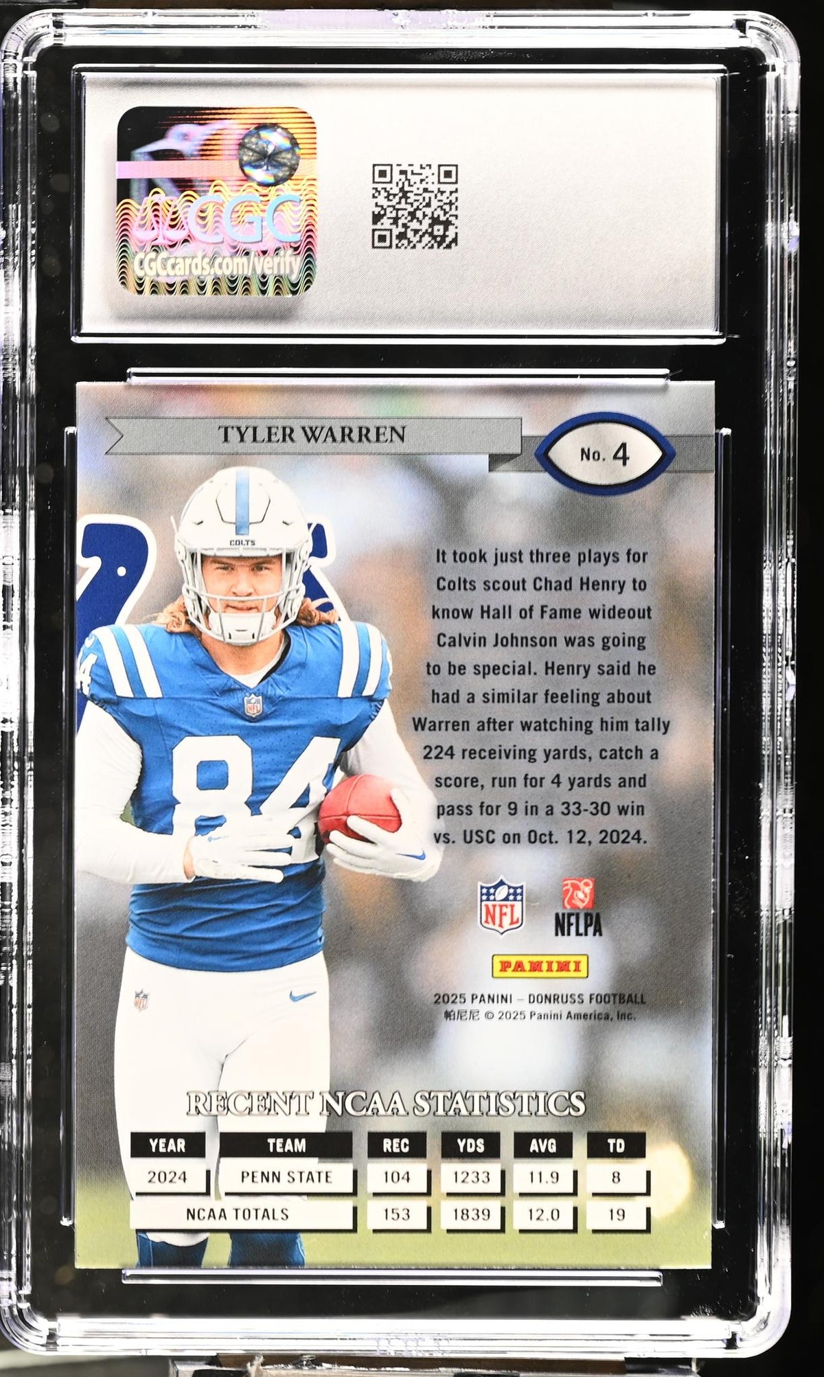 2025 Panini Donruss Retro '95 Tyler Warren #4 Rookie CGC 10
