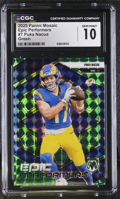 2025 Panini Mosaic Epic Performers Green Puka Nacua #7 CGC 10