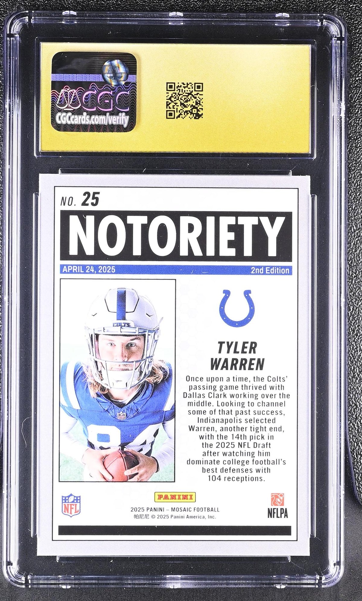 2025 Panini Mosaic Notoriety Tyler Warren #25 RC CGC Pristine 10