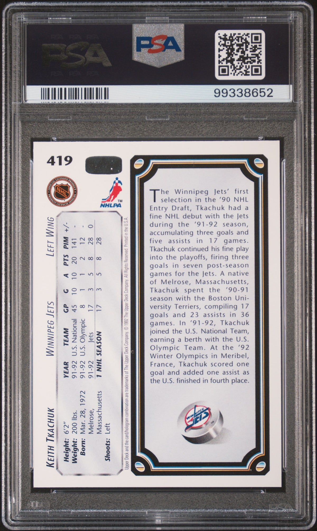 1992 Upper Deck Young Guns Keith Tkachuk #419 PSA 10