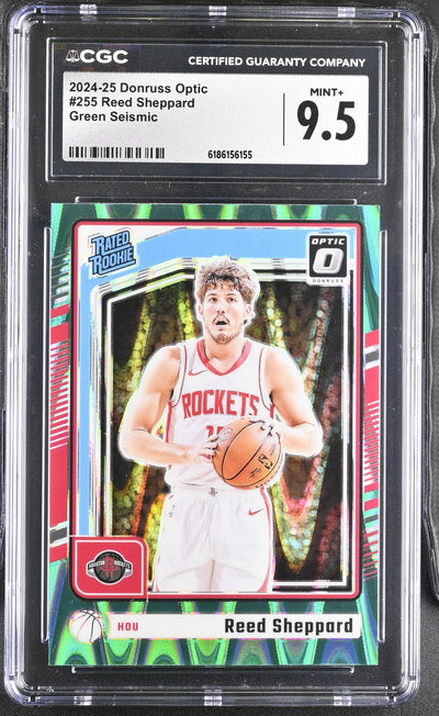 2024-25 Donruss Optic Reed Sheppard Green Seismic #255 Rated Rookie Rockets CGC 9.5