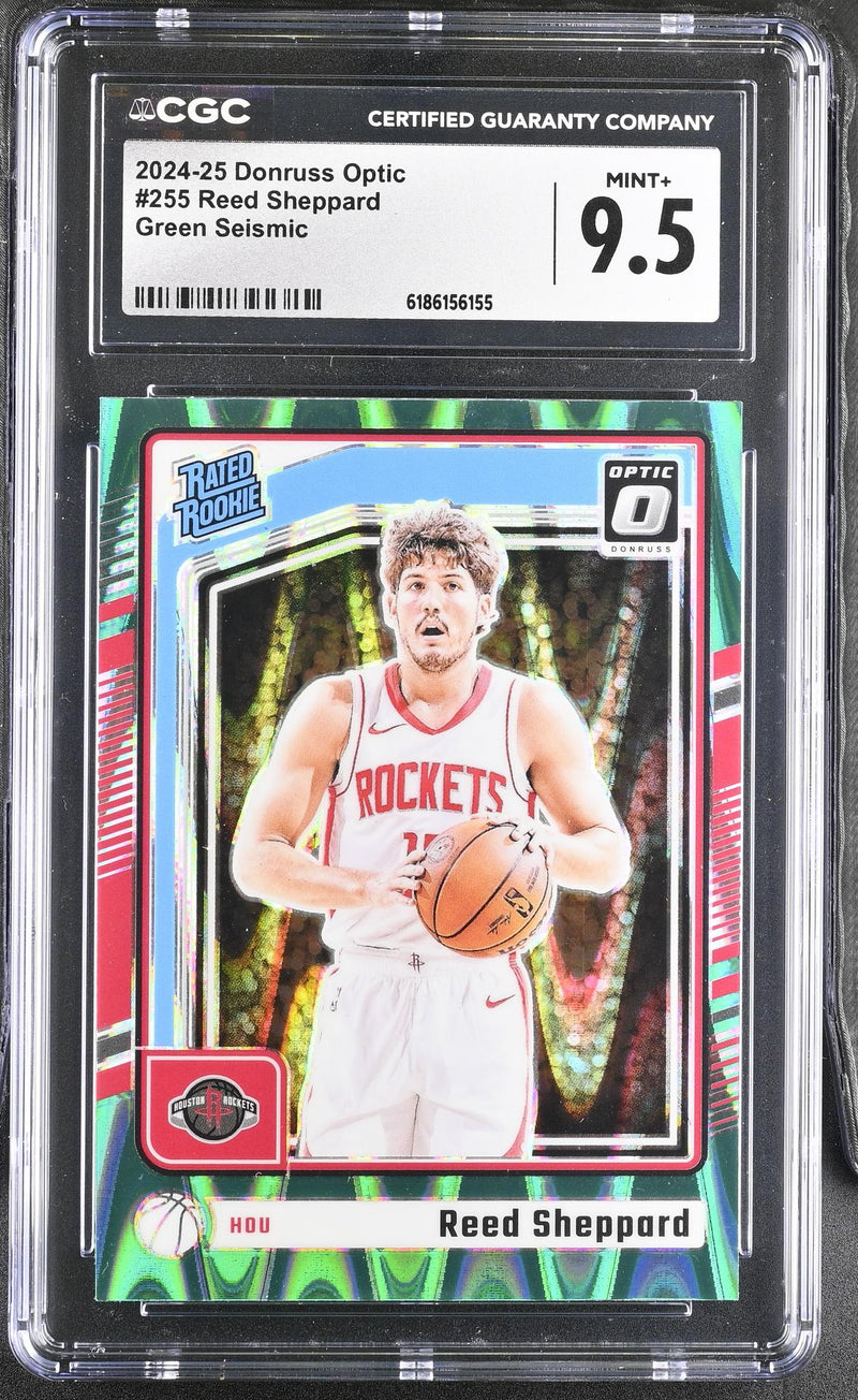 2024-25 Donruss Optic Reed Sheppard Green Seismic #255 Rated Rookie Rockets CGC 9.5