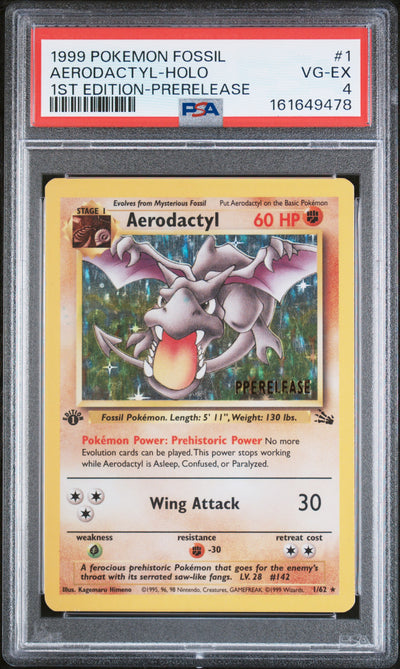 1999 Pokemon Fossil Prerelease 1st Edition Cosmos Holo Aerodactyl #1 PSA 4