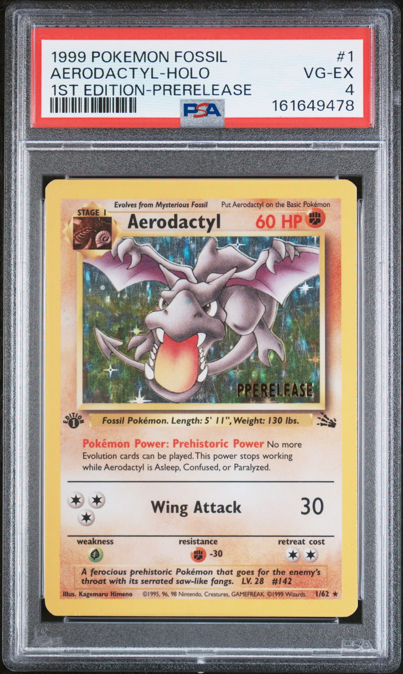 1999 Pokemon Fossil Prerelease 1st Edition Cosmos Holo Aerodactyl #1 PSA 4