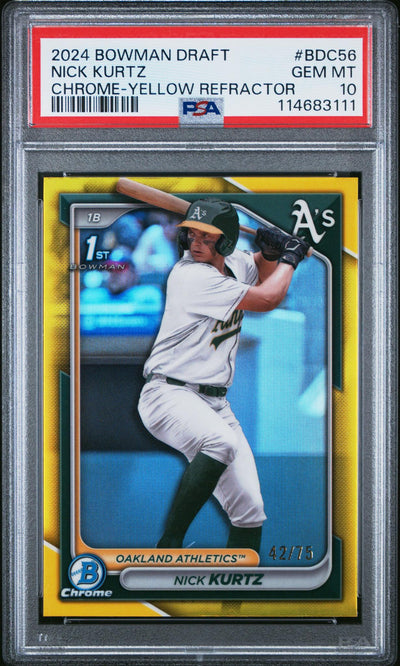 2024 Bowman Chrome Draft Yellow Refractors Nick Kurtz #BDC56 /75 PSA 10