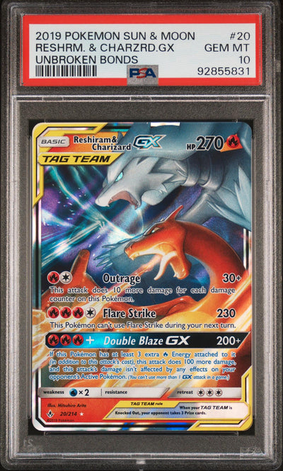 2019 Pokemon Sun and Moon Unbroken Bonds Charizard/Reshiram Gx #20 PSA 10