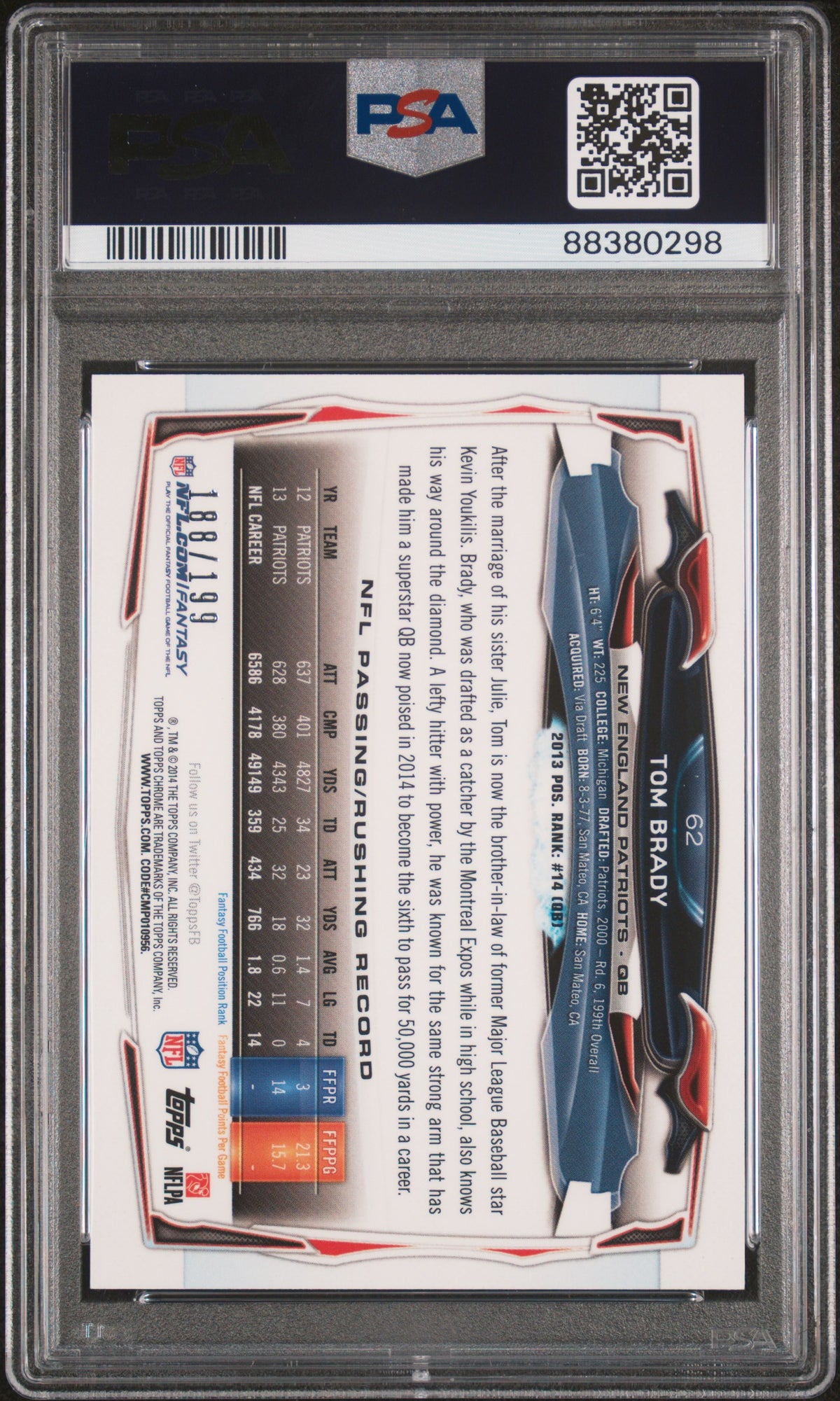 2014 Topps Chrome Blue Refractor Tom Brady #62 /199 PSA 10