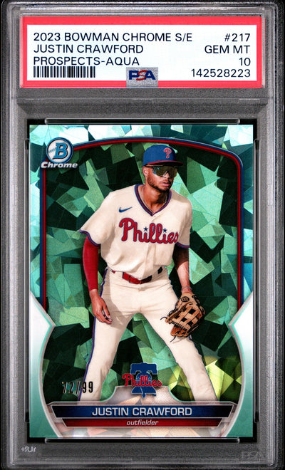 2023 Bowman Chrome Sapphire Prospect Aqua Justin Crawford #BCP217 /99 PSA 10