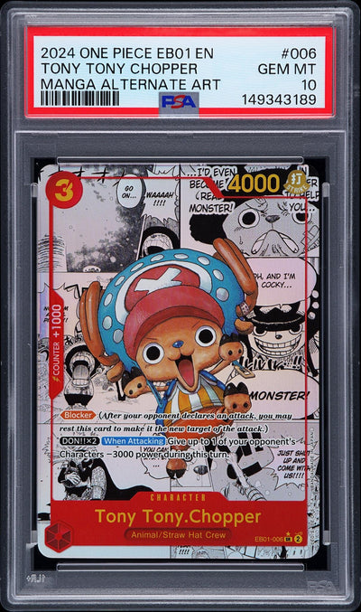 2024 One Piece Extra Booster Memorial Collection Manga Alternate Art Tony Tony Chopper #EB01006 PSA 10
