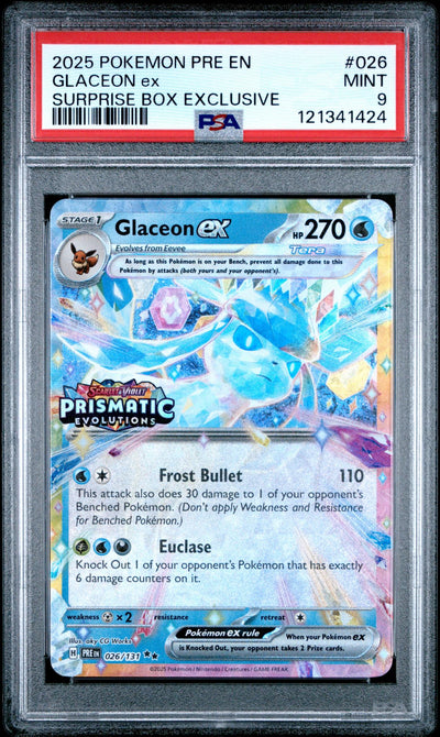 2025 Pokemon Scarlet and Violet Prismatic Evolutions Surprise Box Exclusive Glaceon Ex #026 PSA 9
