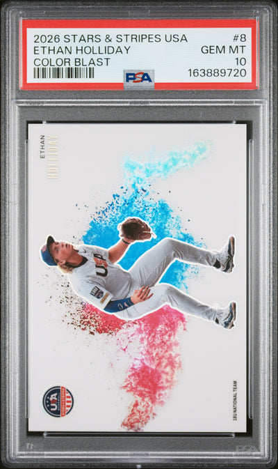 2026 USA Baseball Stars and Stripes Prizm Color Blast Ethan Holliday #8 PSA 10