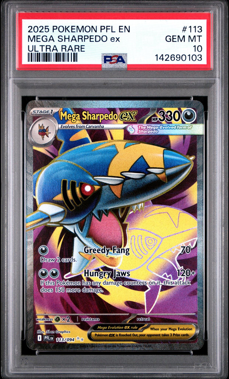 2025 Pokemon Scarlet and Violet Phantasmal Flames Ultra Rare Mega Sharpedo Ex #113 PSA 10
