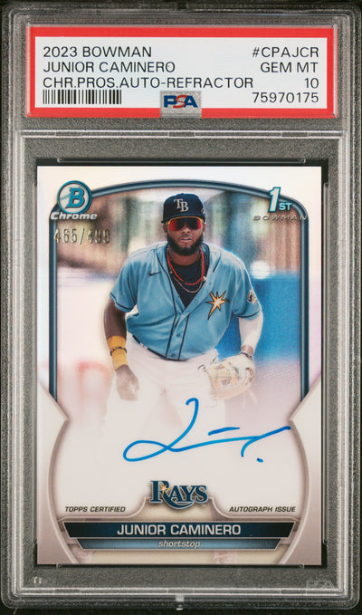 2023 Bowman Chrome Prospect Autograph Refractor Junior Caminero #CPAJCR /499 PSA 10
