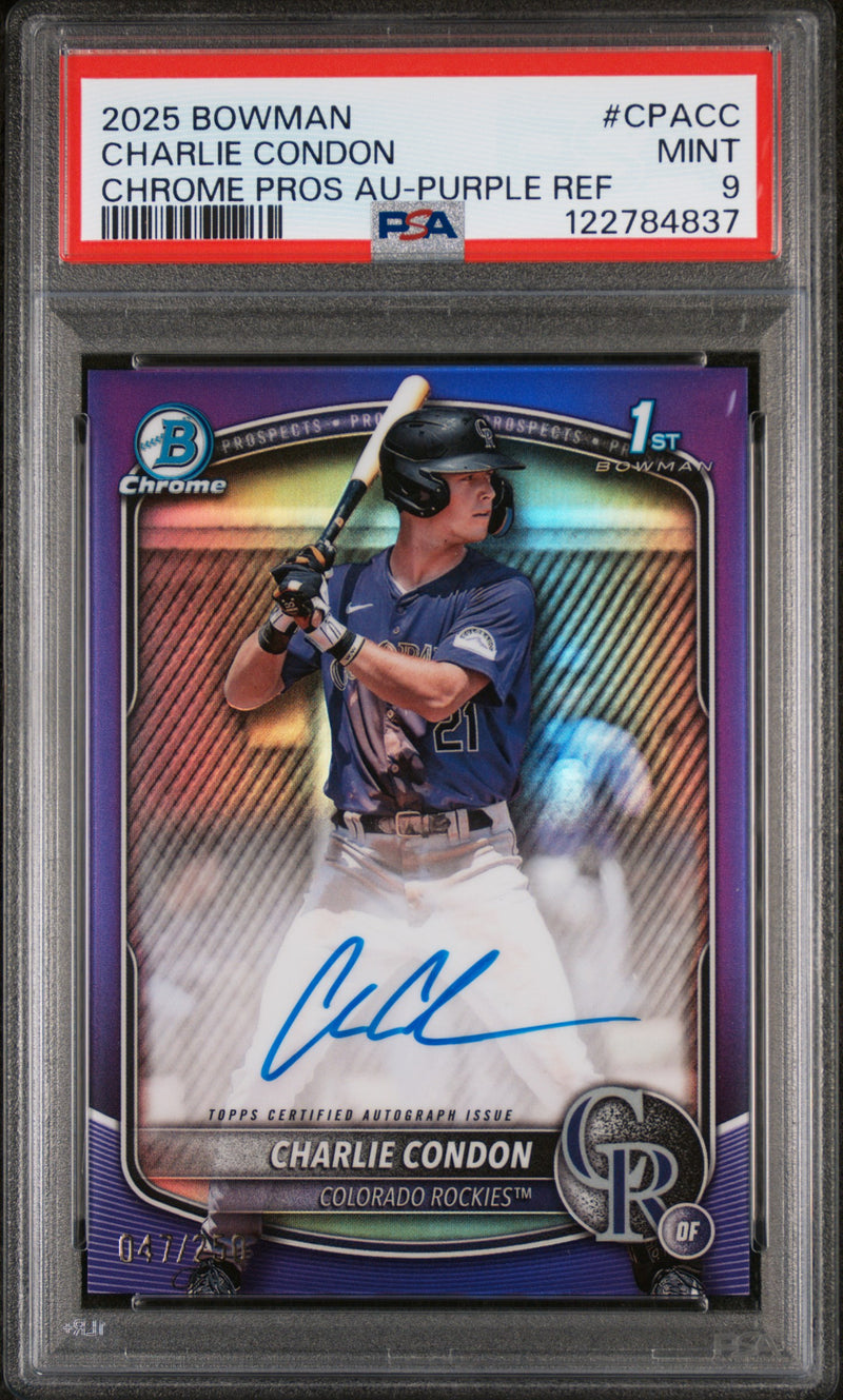2025 Bowman Chrome Prospect Autograph Purple Refractor Charlie Condon #CPACC /250 PSA 9