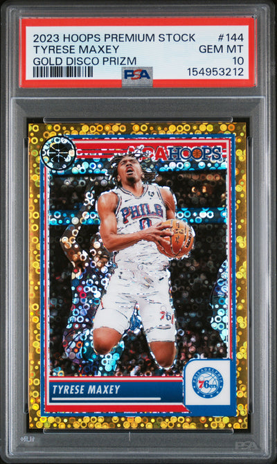 2023 Panini Hoops Premium Stock Gold Disco Prizm Tyrese Maxey #144 /10 PSA 10