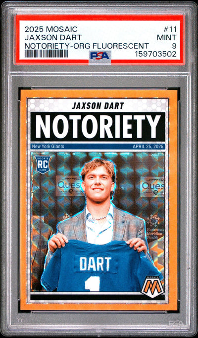 2025 Panini Mosaic Notoriety Orange Fluorescent Jaxson Dart #11 PSA 9