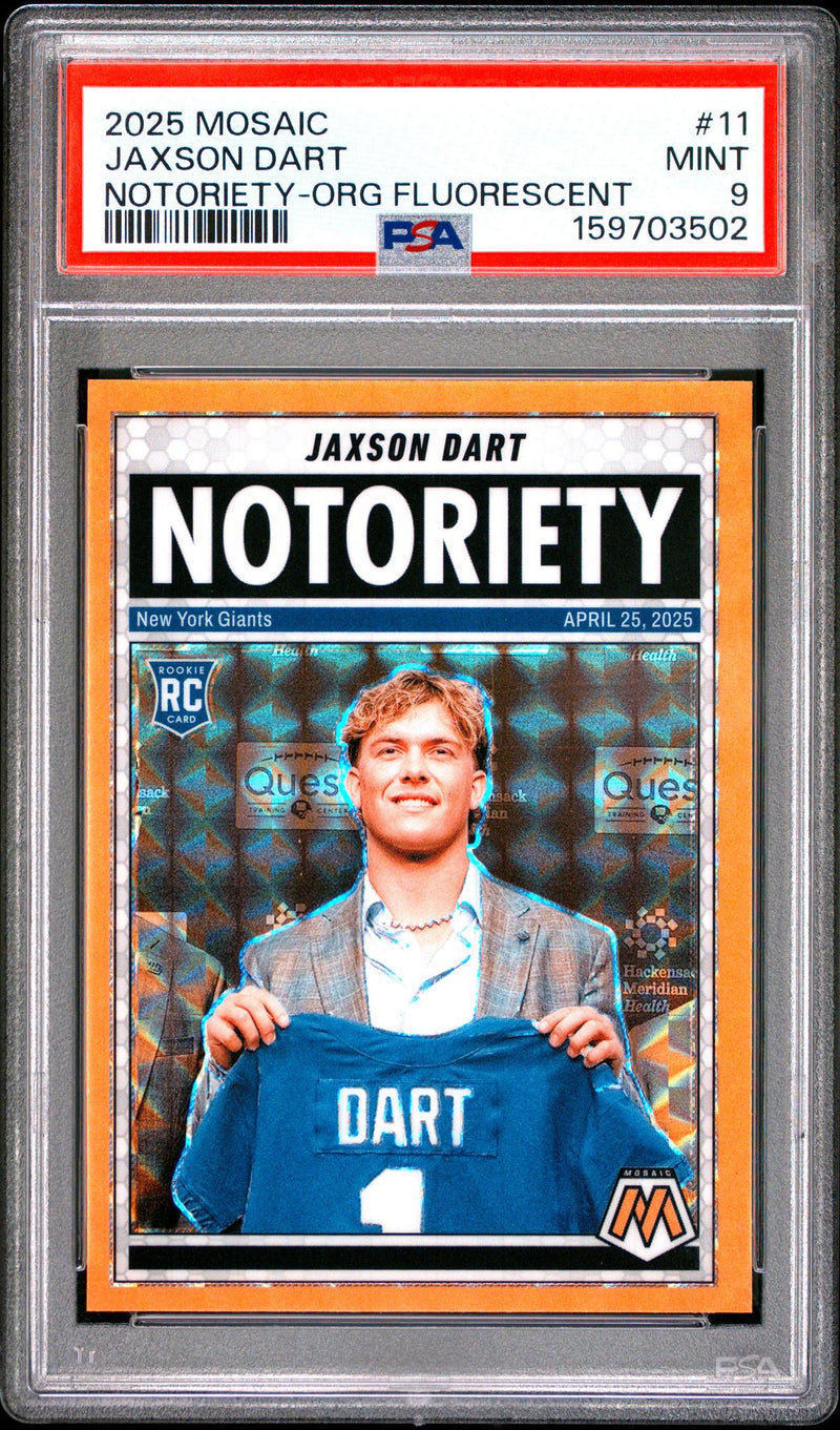 2025 Panini Mosaic Notoriety Orange Fluorescent Jaxson Dart #11 PSA 9