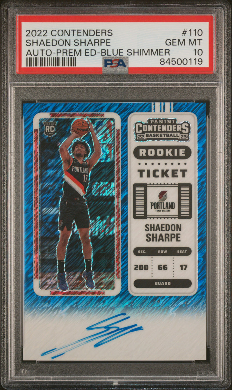 2022 Panini Contenders Premium Blue Shimmer Fotl Shaedon Sharpe #110 /21 PSA 10