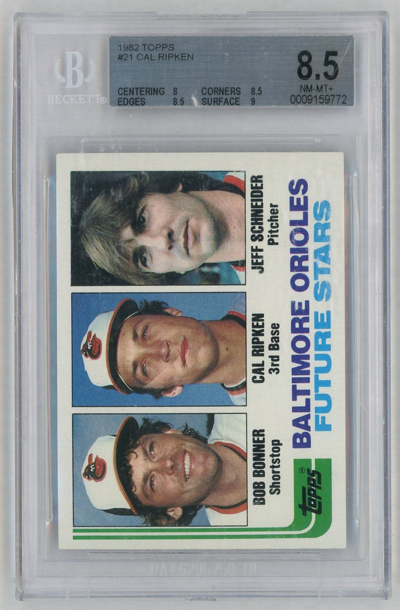 1982 Topps Orioles Future Stars Bob Bonner/Cal Ripken Jr./Jeff Schneider #21 BGS 8.5