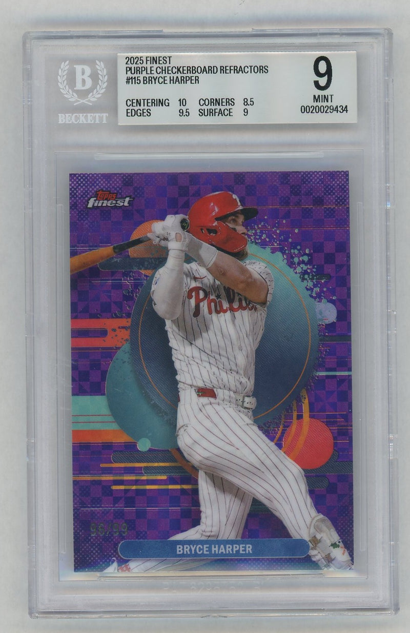 2025 Finest Purple Checkerboard Refractors Bryce Harper #115 /99 BGS 9