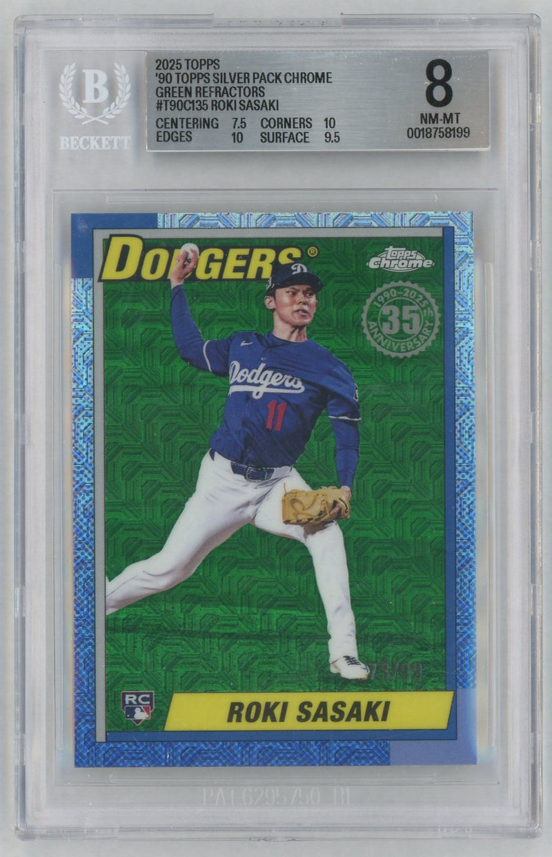 2025 Topps '90 Silver Pack Chrome Green Refractors Roki Sasaki #T90C135 /99 /350 BGS 8