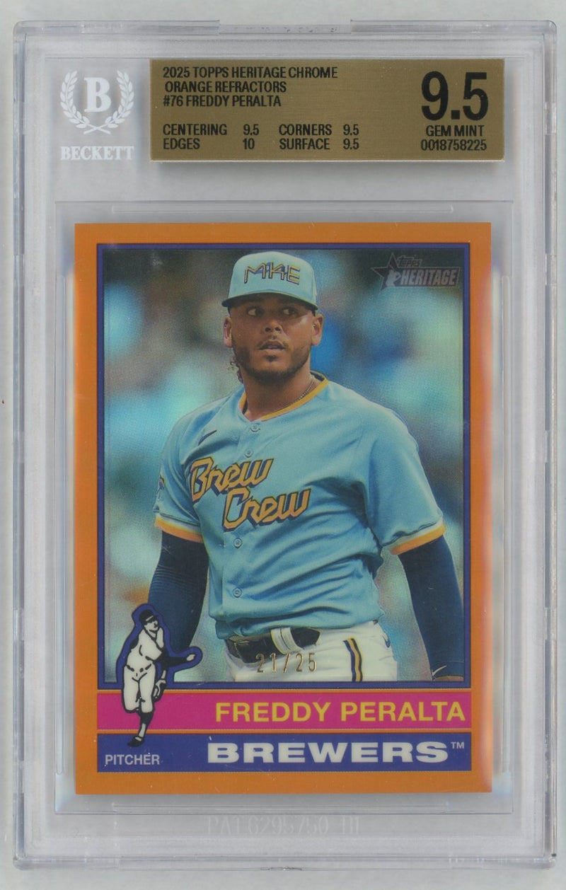 2025 Topps Heritage Chrome Orange Refractors Freddy Peralta #76 /25 BGS 9.5