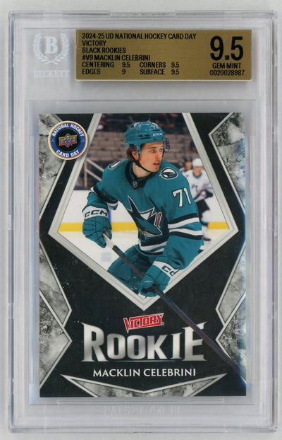 2024 Upper Deck National Hockey Card Day Victory Black Rookies Macklin Celebrini #V9 BGS 9.5