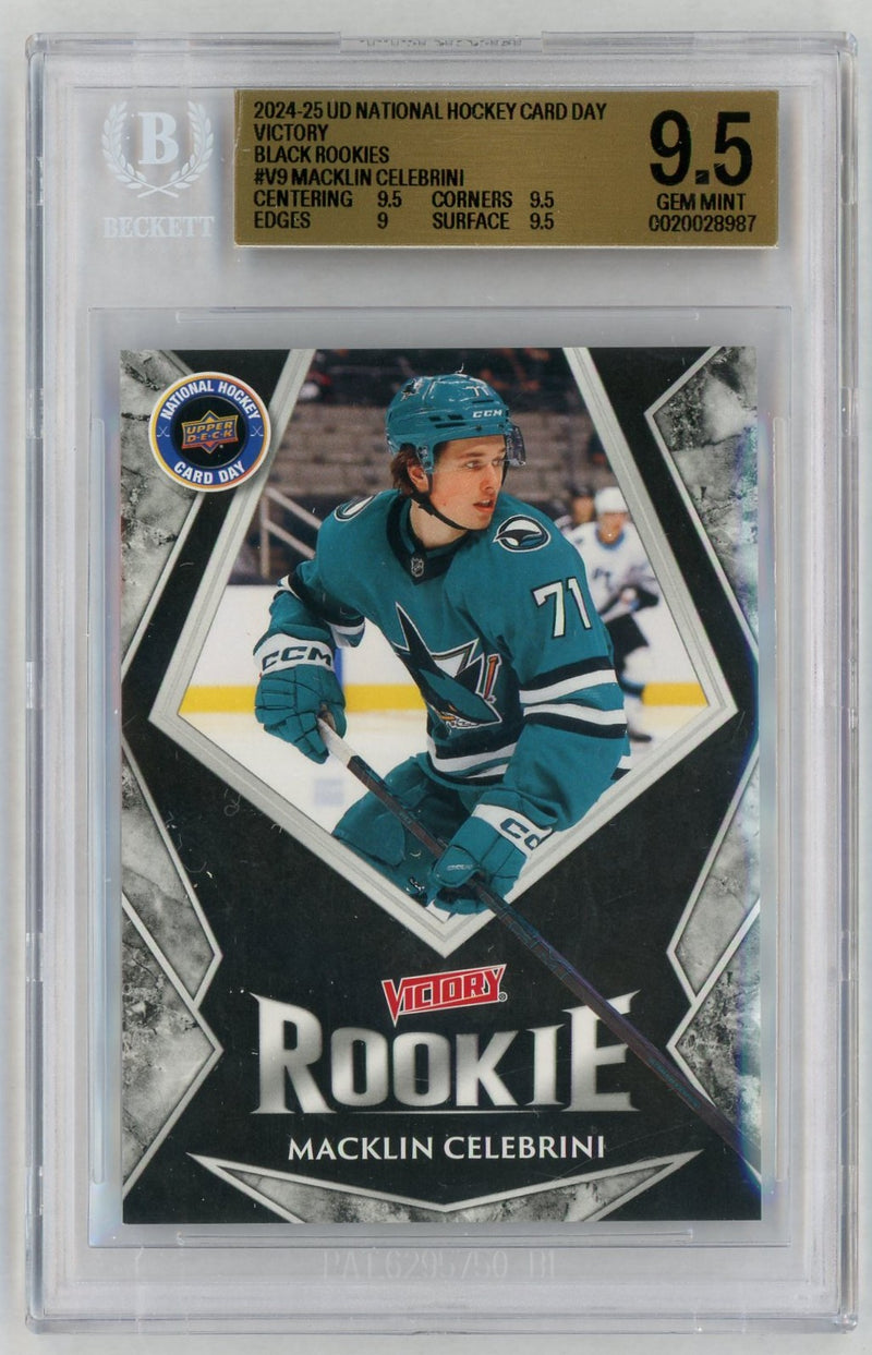 2024 Upper Deck National Hockey Card Day Victory Black Rookies Macklin Celebrini #V9 BGS 9.5