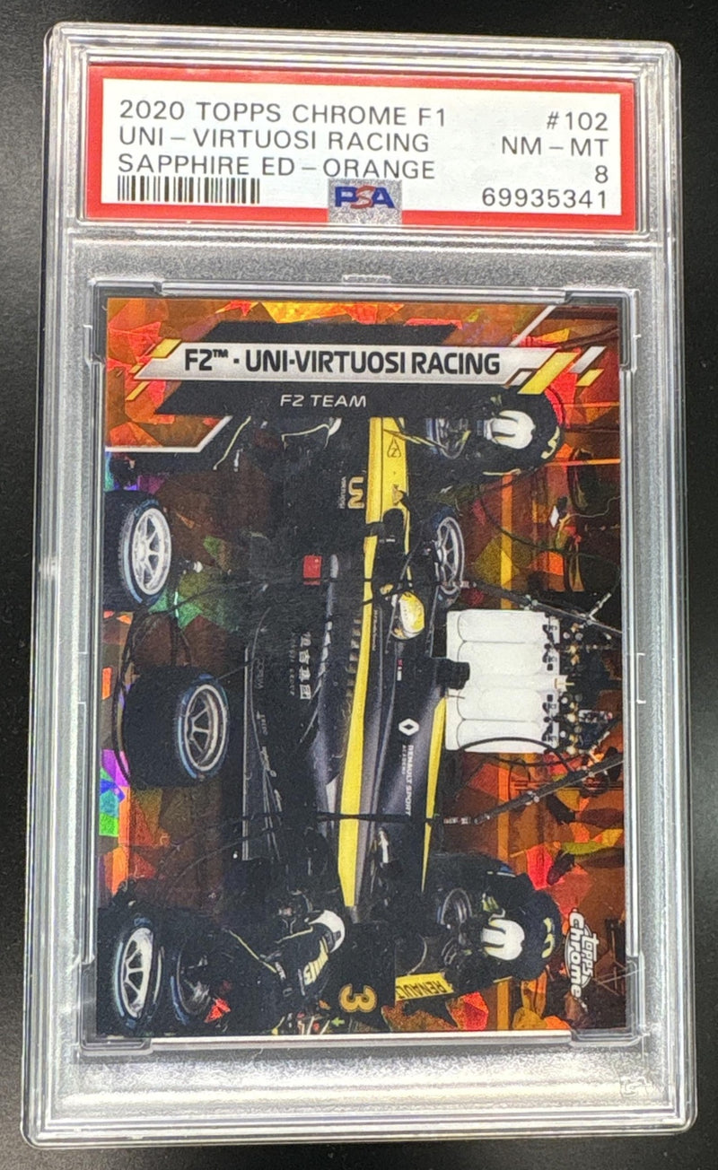 2020 Topps Chrome Sapphire Formula 1 Orange Refractors Uni-Virtuosi Racing F2 Team #102 /25 PSA 8