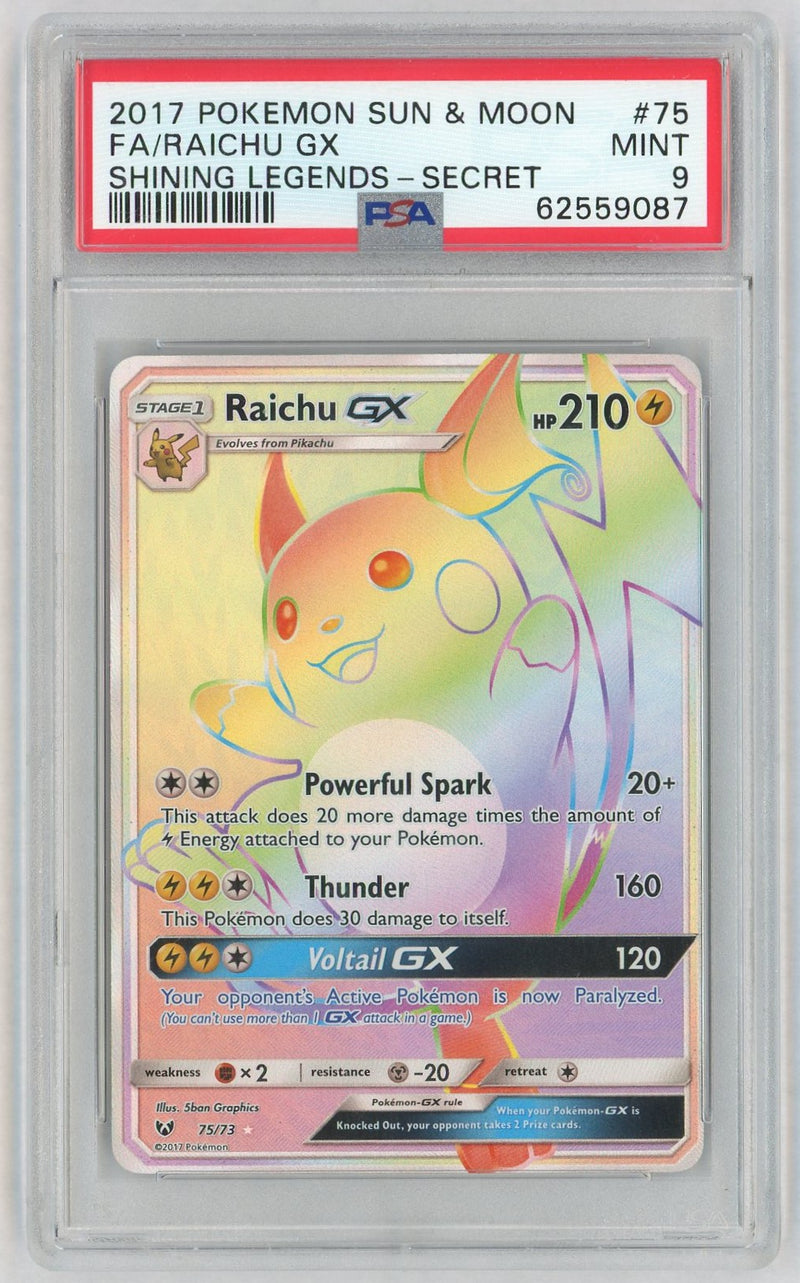 2017 Pokemon Sun and Moon Shining Legends Secret Rare Raichu Gx #75 PSA 9