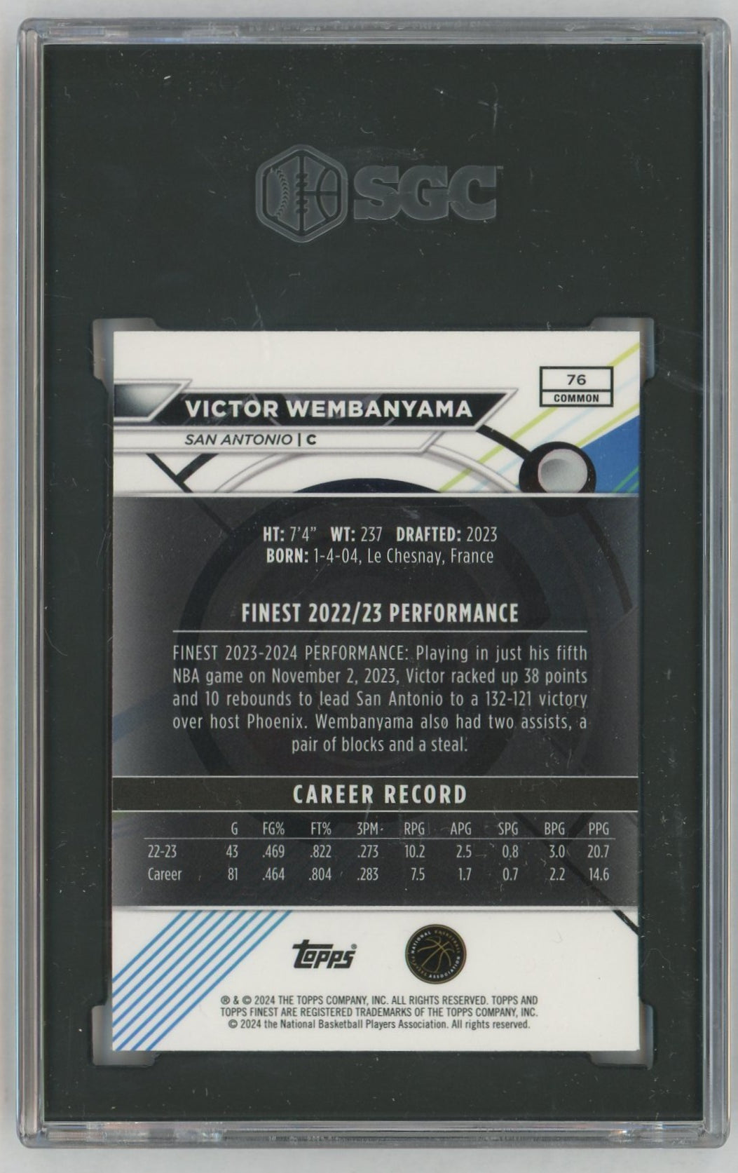 2023 Topps Finest #76 Victor Wembanyama Rookie RC SGC 9.5