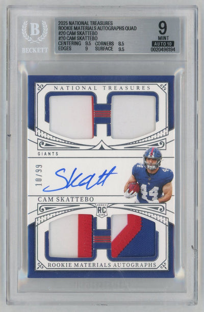 2025 Panini National Treasures Rookie Materials Autographs Quad Cam Skattebo #20 /99 BGS 9