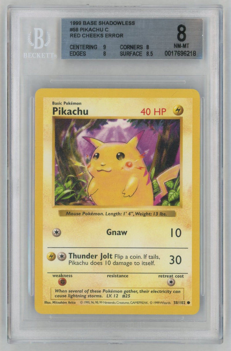 1999 Pokemon Base Set Red Cheeks Shadowless Pikachu #58 BGS 8
