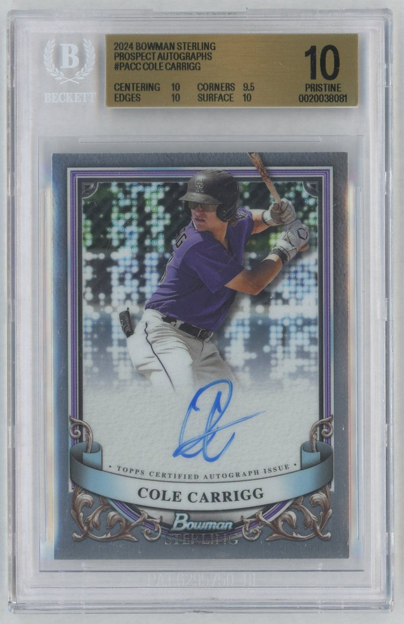 2024 Bowman Sterling Prospect Autographs Cole Carrigg #PACC /950 BGS 10