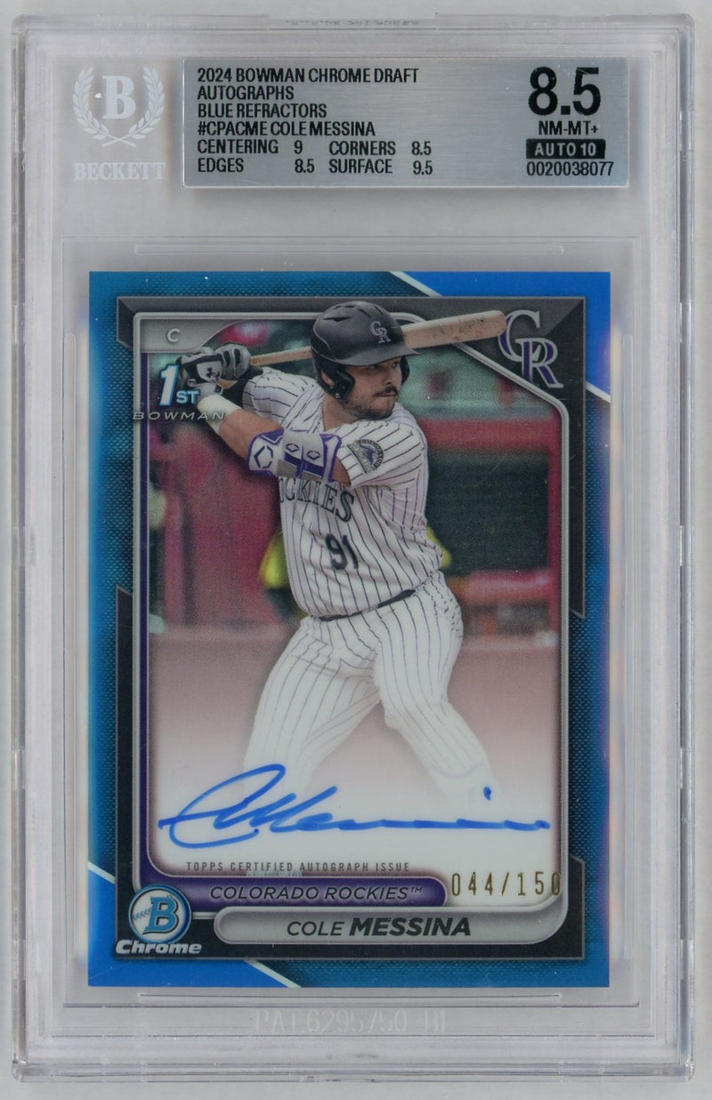 2024 Bowman Chrome Draft Autographs Blue Refractors Cole Messina #CPACME /150 BGS 8.5