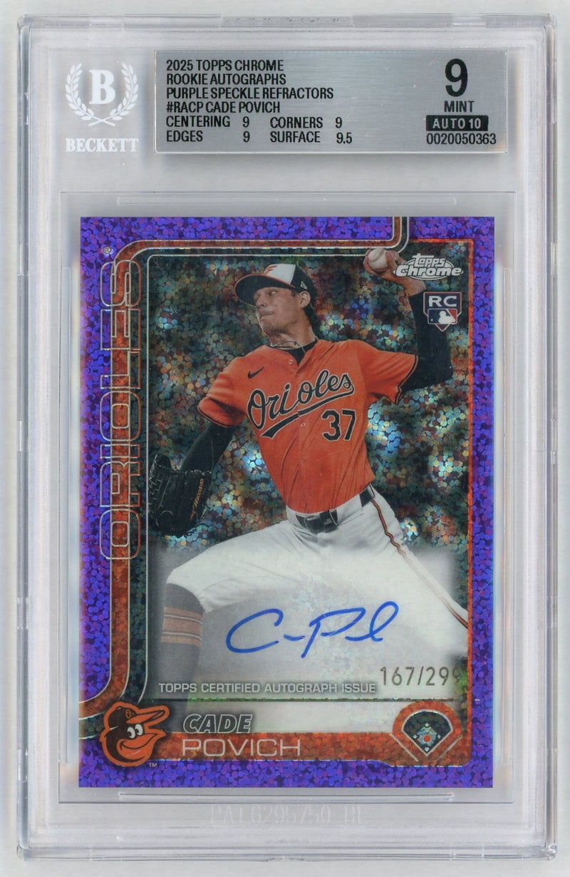 2025 Topps Chrome Rookie Autographs Purple Speckle Refractors Cade Povich #RACP /299 BGS 9