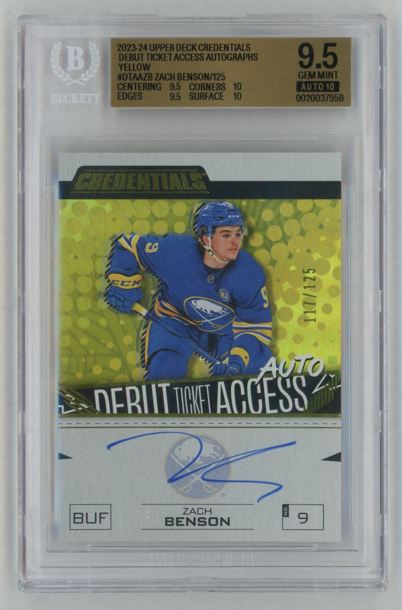 2023 Upper Deck Credentials Debut Ticket Access Autographs Yellow Zach Benson #DTAAZB /125 BGS 9.5