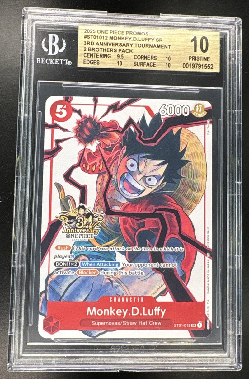 2025 One Piece Tournament Promo 3rd Anniversary 3 Brothers Pack Monkey D. Luffy #ST01-012 BGS 10