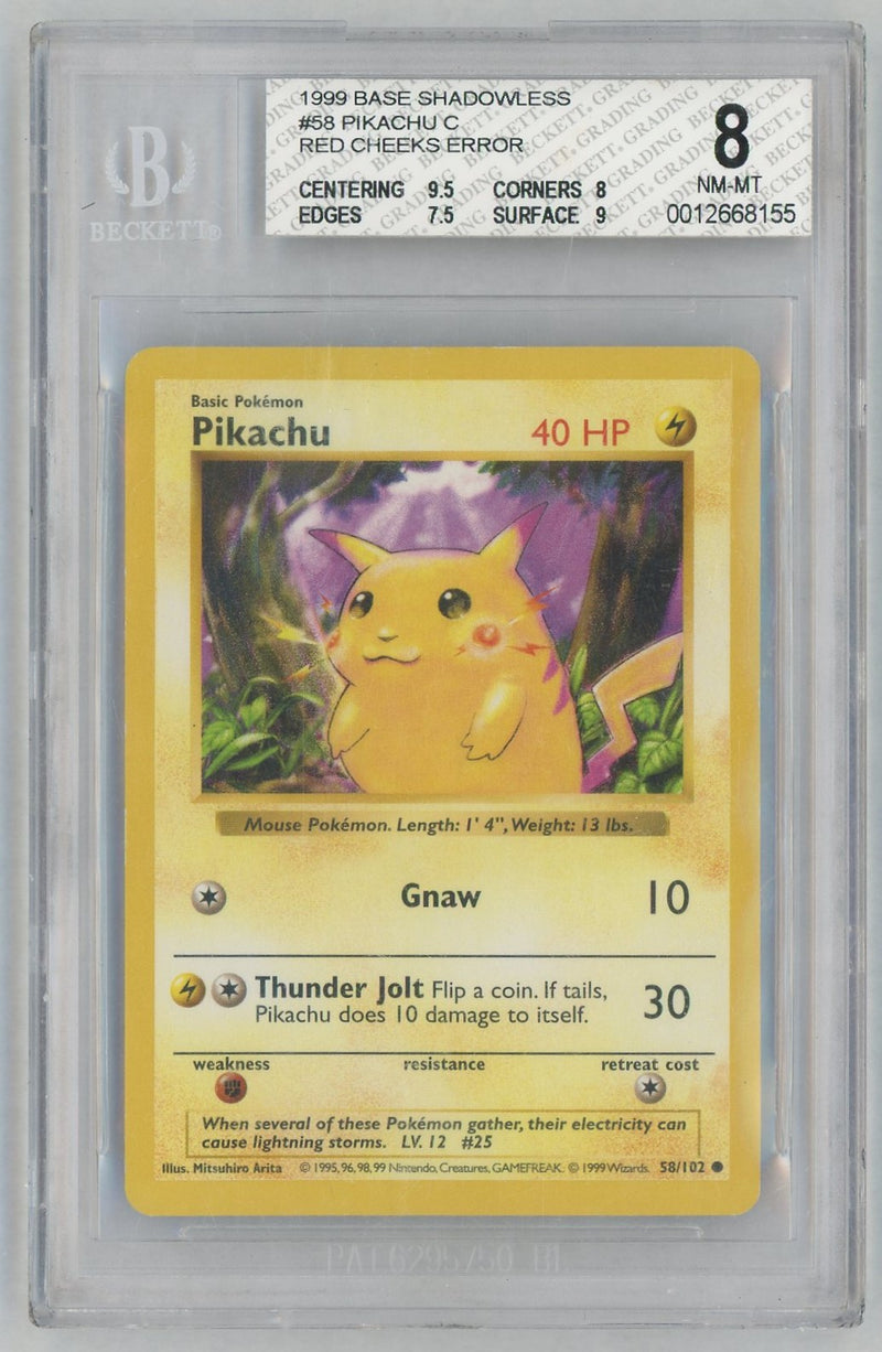 1999 Pokemon Base Set Red Cheeks Shadowless Pikachu #58 BGS 8