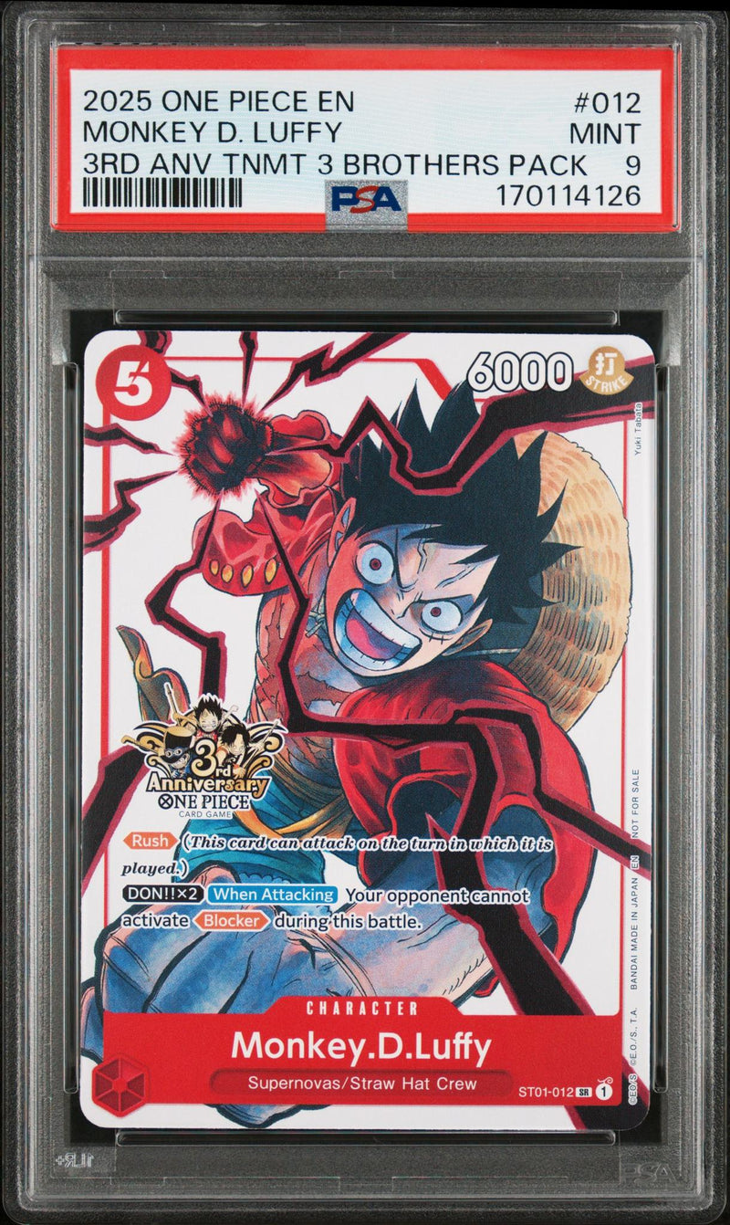 2025 One Piece Tournament Promo 3rd Anniversary 3 Brothers Pack Monkey D. Luffy #ST01-012 PSA 9