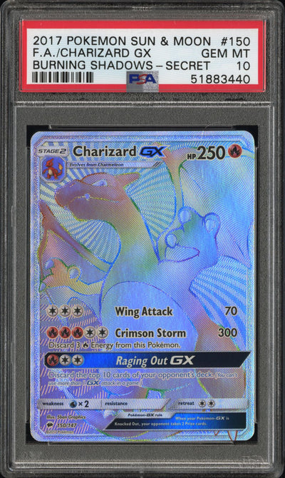 2017 Pokemon Sun and Moon Burning Shadows Secret Rare Charizard Gx #150 PSA 10