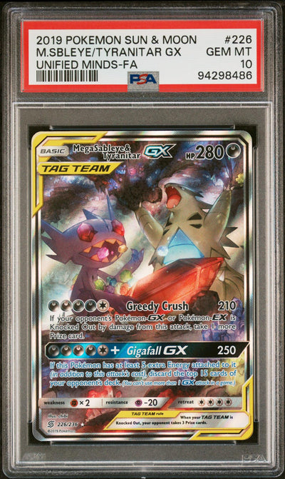 2019 Pokemon Sun and Moon Unified Minds Mega Sableye/Tyranitar Gx #226 PSA 10