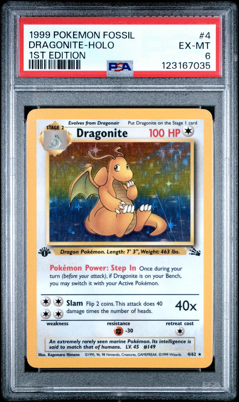 1999 Pokemon Fossil 1st Edition Holo Dragonite #4 PSA 6
