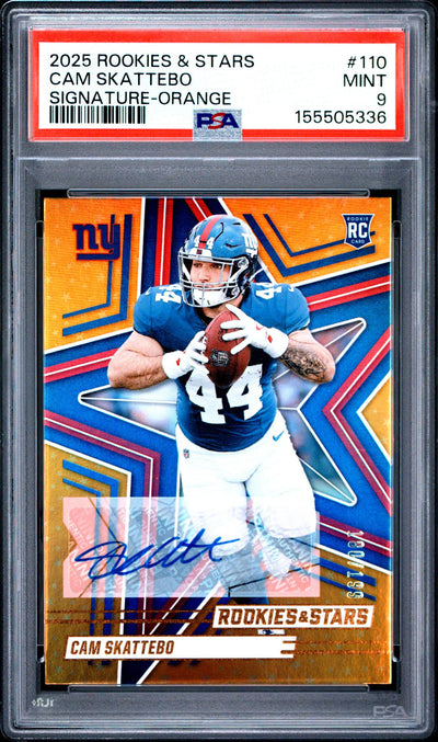 2025 Rookies and Stars Signatures Orange Cam Skattebo #110 /199 /149 PSA 9
