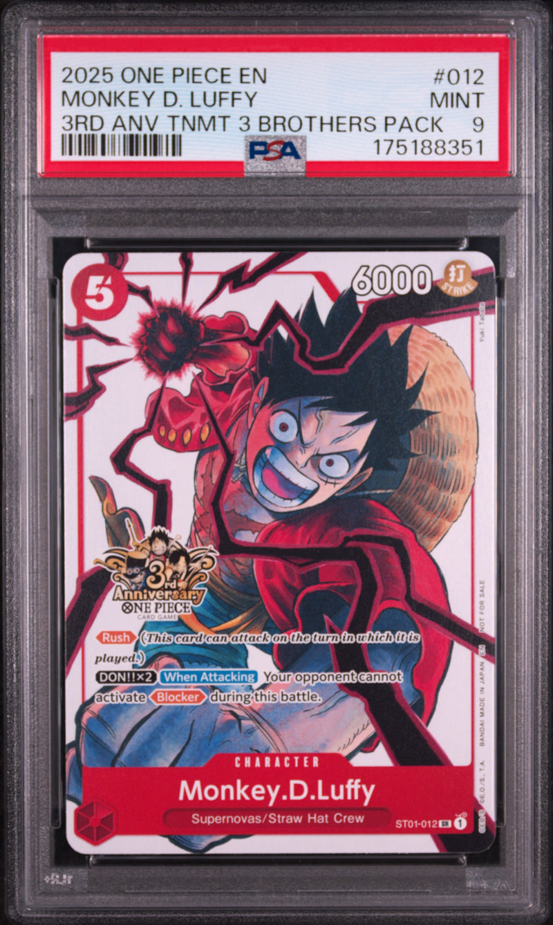 2025 One Piece Tournament Promo 3rd Anniversary 3 Brothers Pack Monkey D. Luffy #ST01-012 PSA 9
