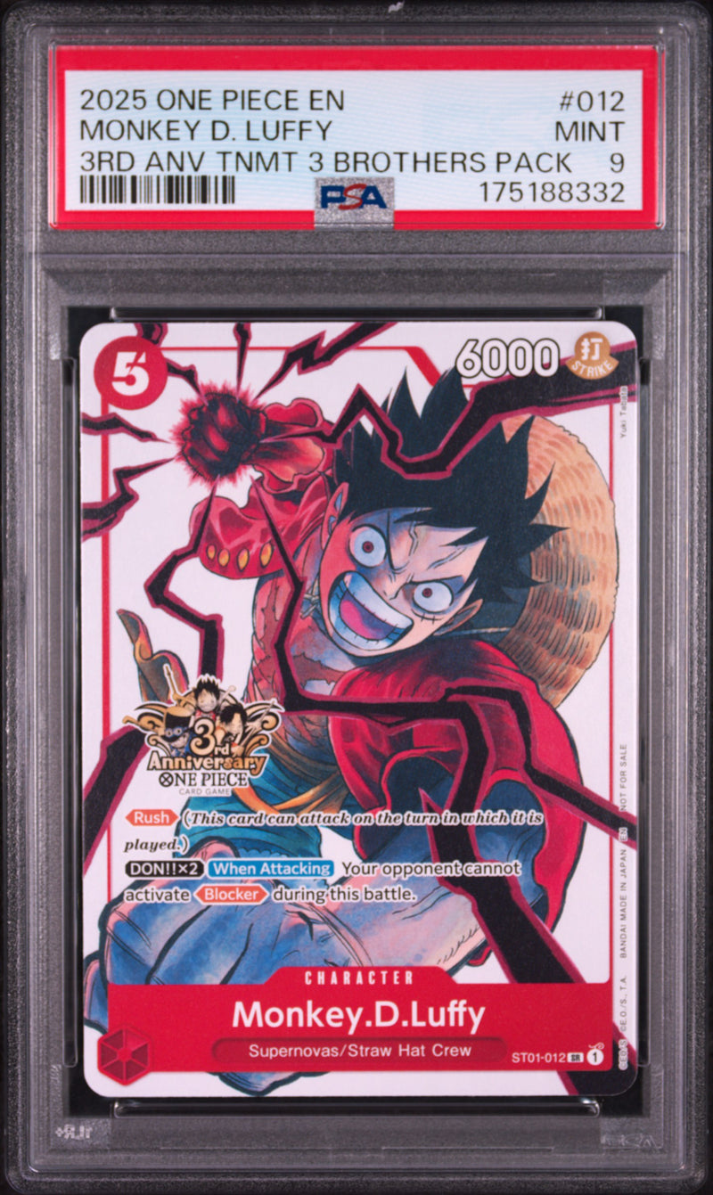 2025 One Piece Tournament Promo 3rd Anniversary 3 Brothers Pack Monkey D. Luffy #ST01-012 PSA 9