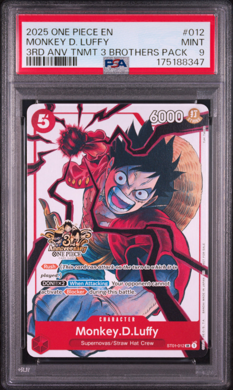 2025 One Piece Tournament Promo 3rd Anniversary 3 Brothers Pack Monkey D. Luffy #ST01-012 PSA 9