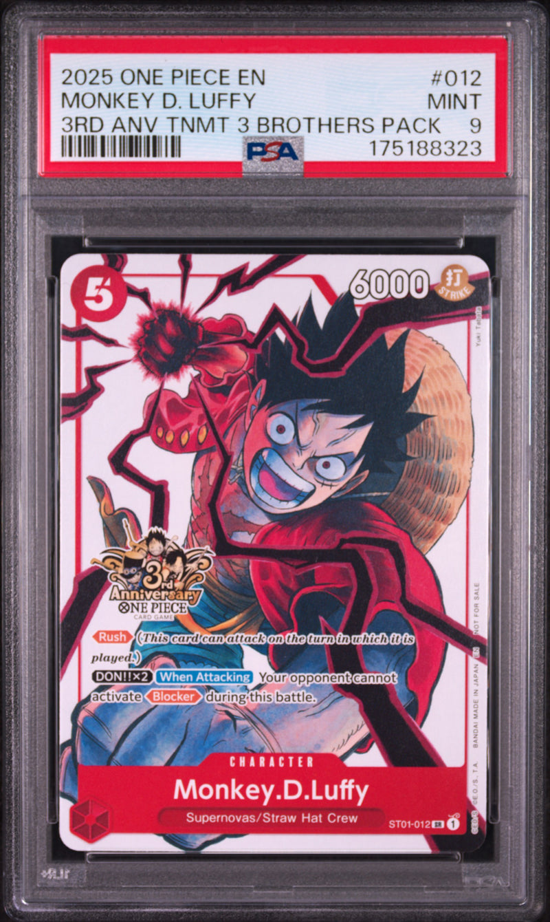 2025 One Piece Tournament Promo 3rd Anniversary 3 Brothers Pack Monkey D. Luffy #ST01-012 PSA 9