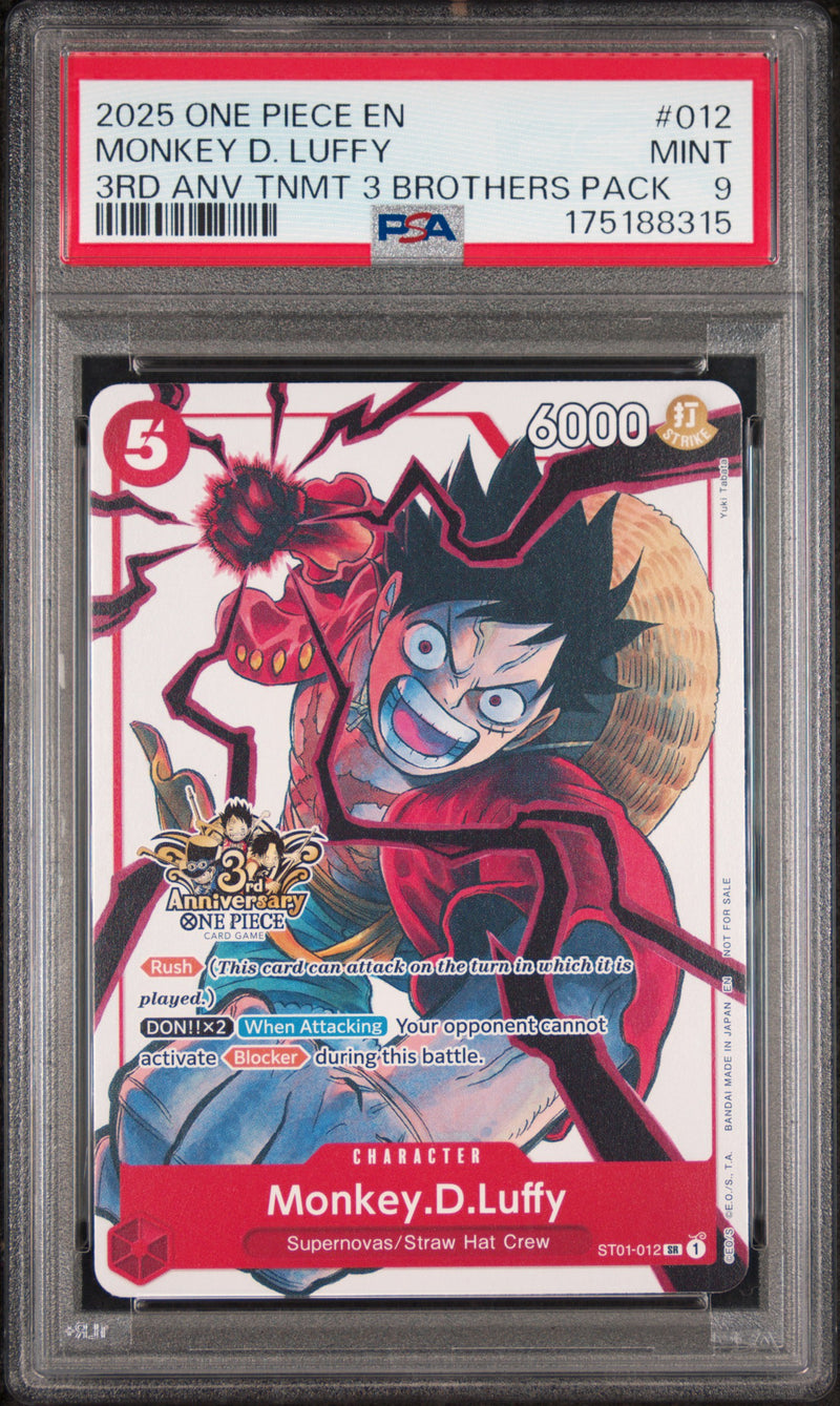 2025 One Piece Tournament Promo 3rd Anniversary 3 Brothers Pack Monkey D. Luffy #ST01-012 PSA 9