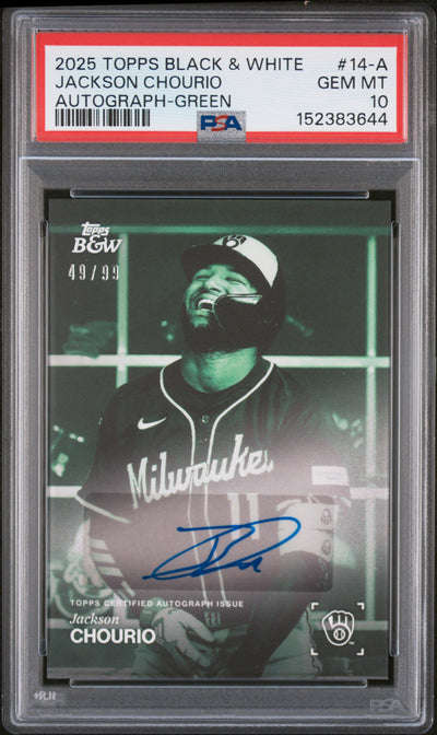 2025 Topps Black and White Base Autographs Green Jackson Chourio #14A /99 PSA 10